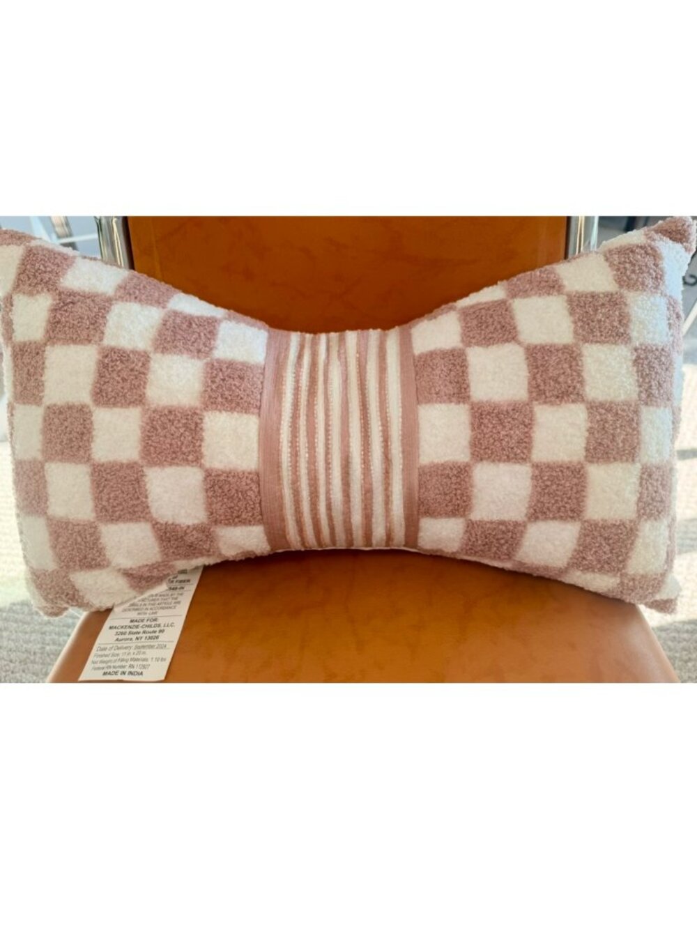 MacKenzie-Childs Pink Check Bow Throw Pillow